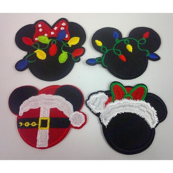 Mickey Minnie Mouse Head Christmas Embroidered Iron on Patch Lot of 4 Crafts New - Picture 1 of 3